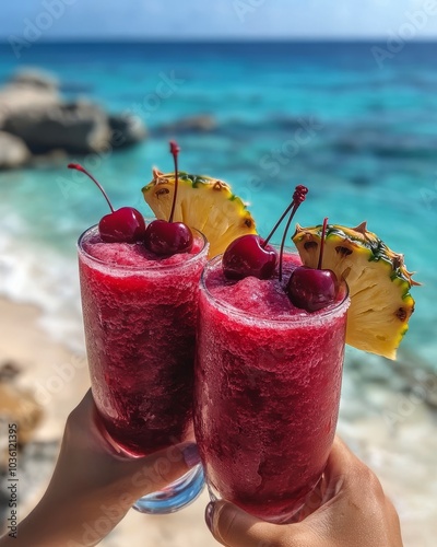 Refreshing tropical cocktails with cherries and pineapples enjoyed on a sunny...