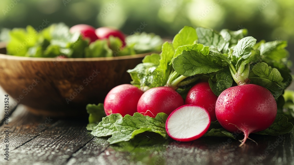 Freshly harvested radishes and leafy greens arranged on a wooden table in a sunny kitchen setting Freshly harvested radishes and leafy greens arranged on a wooden table in a sunny kitchen setting