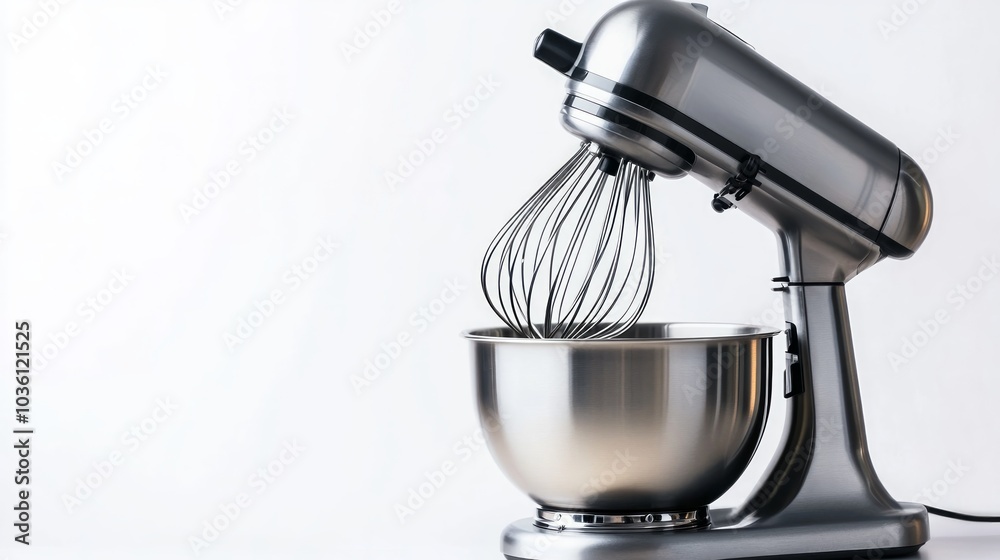 A silver stand mixer with a whisk attachment and a stainless steel bowl, used for baking. A silver stand mixer with a whisk attachment and a stainless steel bowl, used for baking.