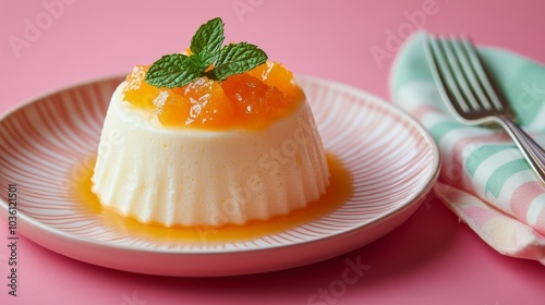 Delicious panna cotta with fruity topping served on a decorative plate agains...