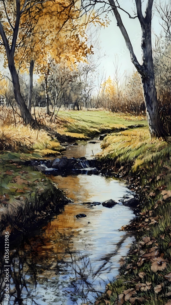 A small stream winding through an autumn park, surrounded by vibrant fall leaves and trees, perfect for peaceful and tranquil visuals. A small stream winding through an autumn park, surrounded by vibrant fall leaves and trees, perfect for peaceful and tranquil visuals.