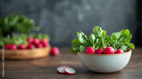 Freshly harvested radishes and leafy greens arranged on a wooden table in a s...