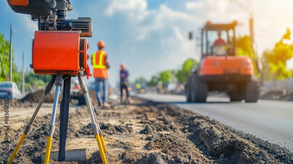 Obraz premium A detailed view of construction engineers conducting soil testing using drilling equipment at a site earmarked for a new residential development, Soil testing scene, Geological assessment style
