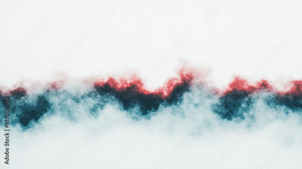 Fototapeta premium Abstract smoke trails in shades of red and blue against a white background.