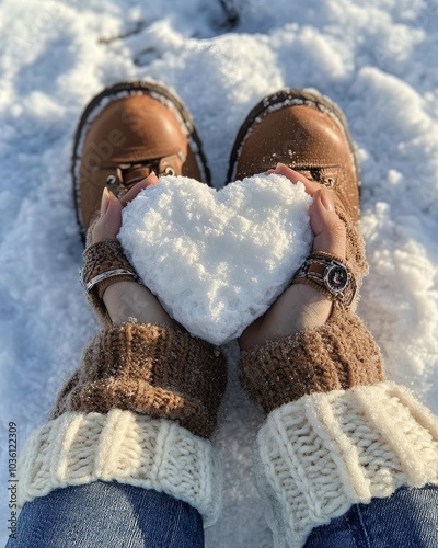 A person holds a heart shaped snowball while sitting in the winter snow, show...