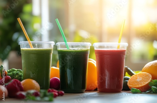 Refreshing smoothies made from fresh fruits and vegetables in a bright kitche...