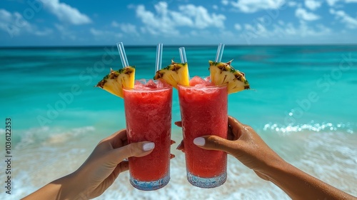 Enjoying tropical fruit smoothies on a sunny beach by the turquoise ocean waves
