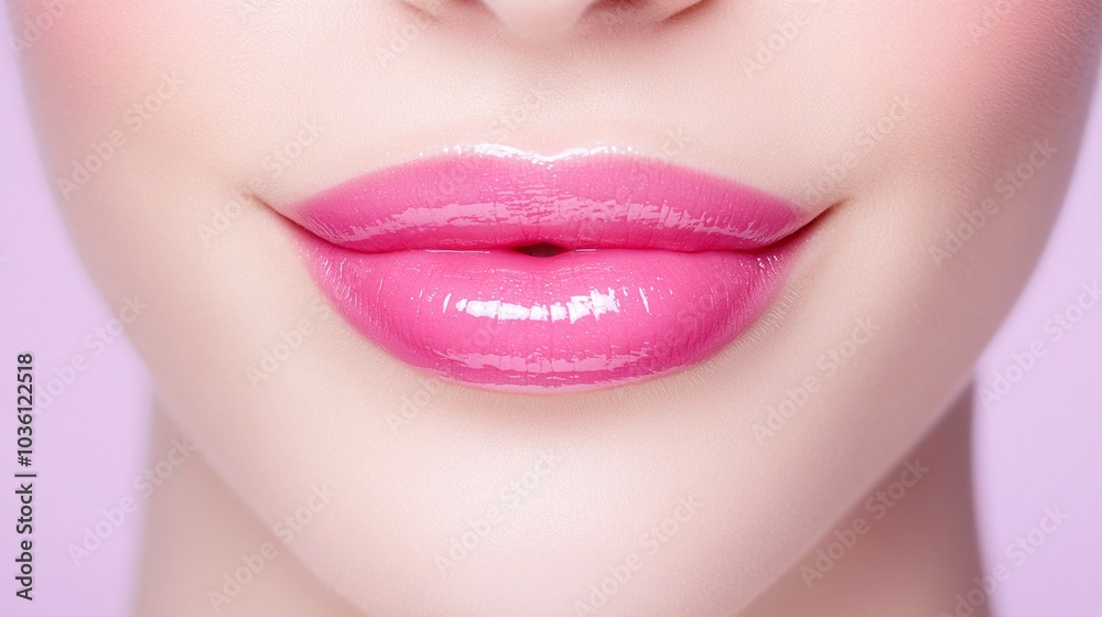 Obraz premium Glossy pink lips close-up, soft pastel background, perfect lip makeup, feminine beauty, smooth lip texture, minimalism, beauty and skincare, vibrant lip color, fresh look