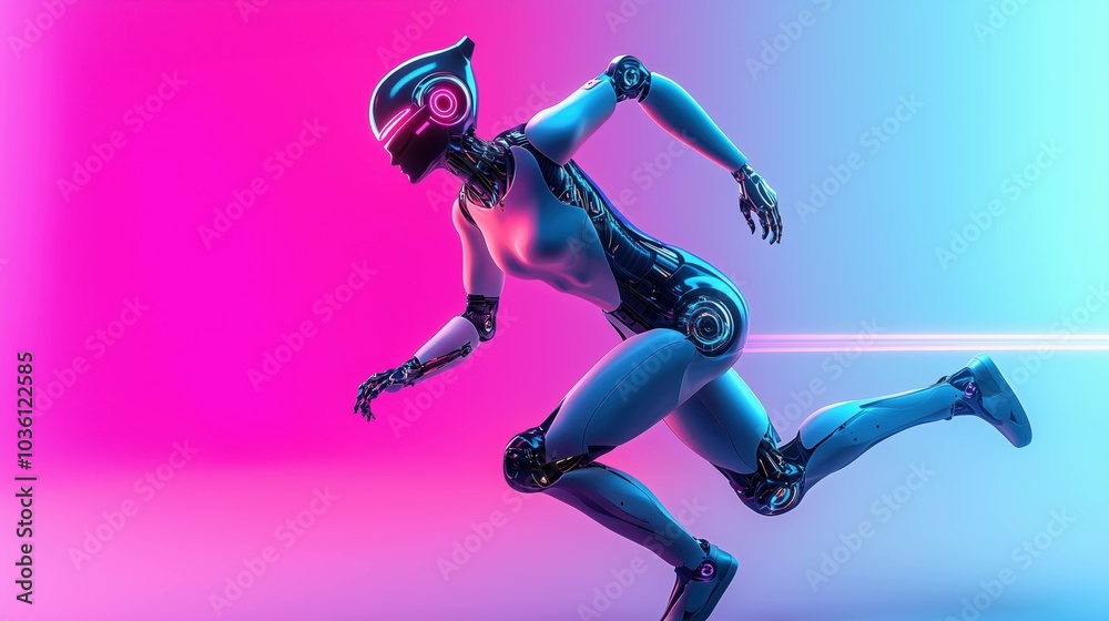 A futuristic robot running fast in motion against a gradient pink background A futuristic robot running fast in motion against a gradient pink background