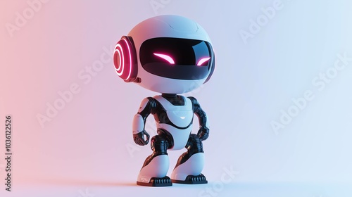 A cute robot featuring glowing lights, set against a sleek, modern technology banner in dark navy with LED accent