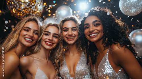 Four friends celebrating at a glamorous party with disco balls and golden bal...
