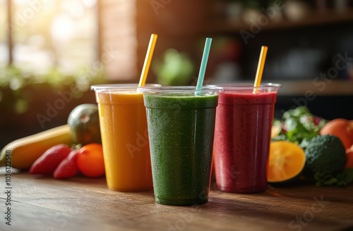 Refreshing smoothies made from fresh fruits and vegetables in a bright kitche...