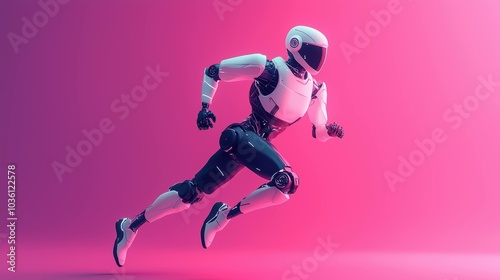 A futuristic robot running fast in motion against a gradient pink background