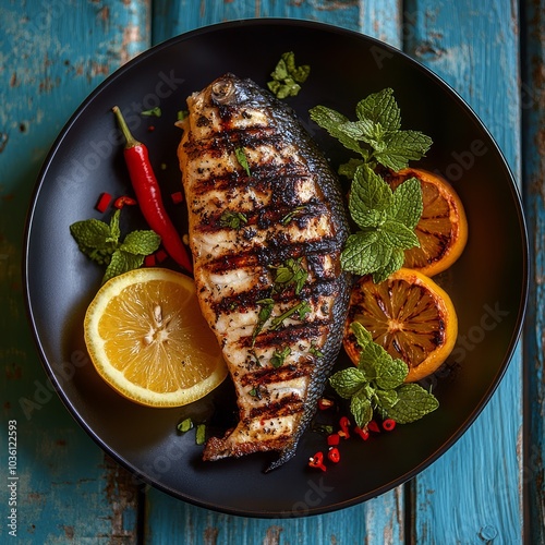 Grilled fish garnished with citrus and herbs served on a decorative plate