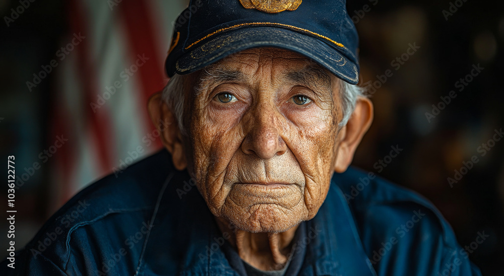 Portrait of an elderly veteran in a rustic setting. An elderly veteran gazes thoughtfully, showcasing a life marked by experiences and wisdom in a rustic environment. Portrait of an elderly veteran in a rustic setting. An elderly veteran gazes thoughtfully, showcasing a life marked by experiences and wisdom in a rustic environment.