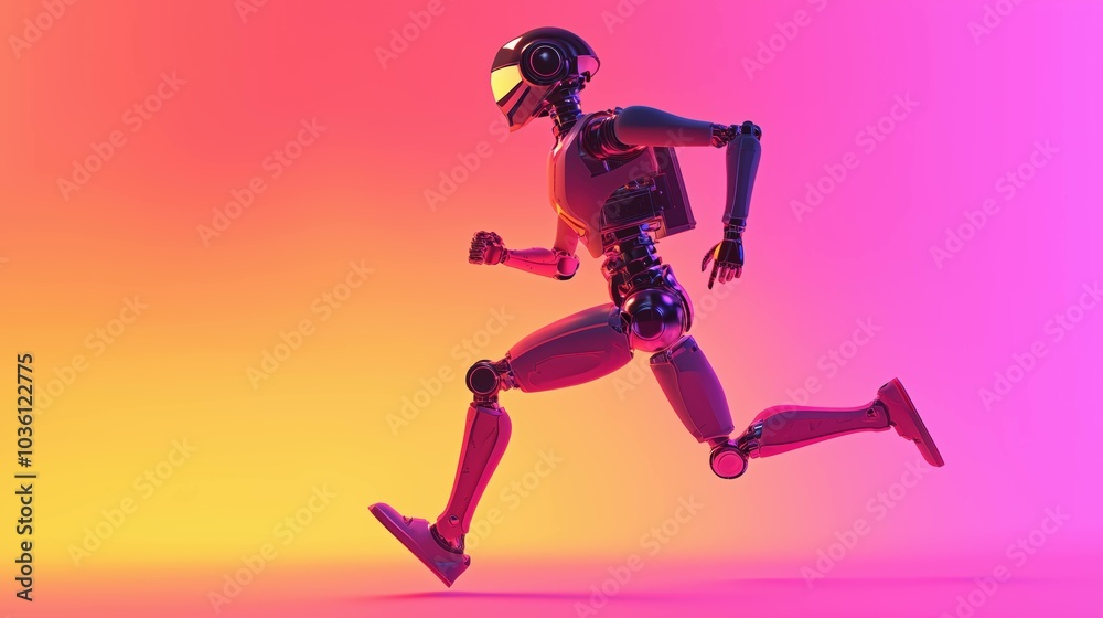 A futuristic white robot running fast in motion against a gradient pink background A futuristic white robot running fast in motion against a gradient pink background