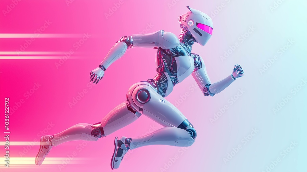 A futuristic white robot running fast in motion against a gradient pink background A futuristic white robot running fast in motion against a gradient pink background