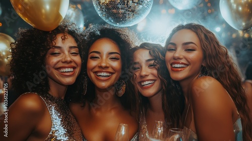 Four friends celebrating at a glamorous party with disco balls and golden bal...