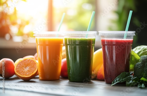 Refreshing smoothies made from fresh fruits and vegetables in a bright kitche...