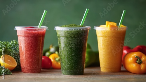 Refreshing smoothies in colorful cups surrounded by fresh fruits and vegetables on a green backdrop