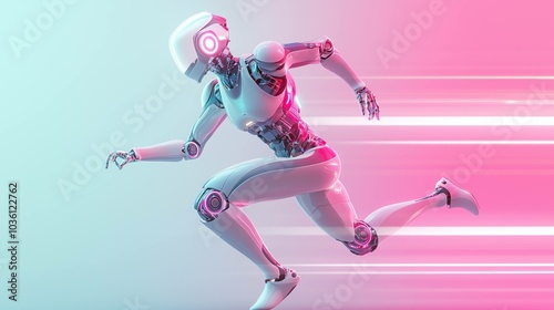A futuristic white robot running fast in motion against a gradient pink background