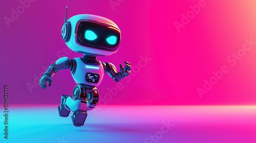 A futuristic white robot running fst in motion against a gradient pink background.