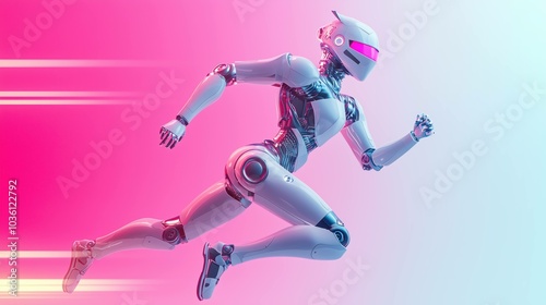 A futuristic white robot running fast in motion against a gradient pink background