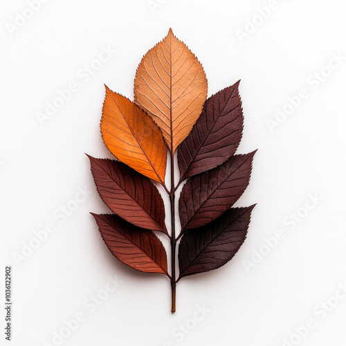 A sprig of autumn leaves in shades of brown, orange, and red against a white background.