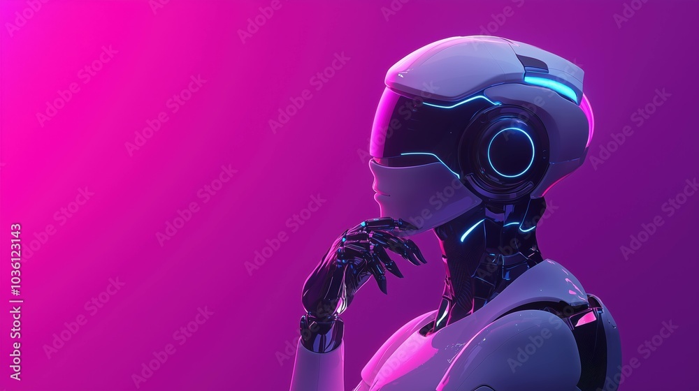 A futuristic robot featuring glowing lights, set against a vibrant, modern technology pink banner in dark navy with LED accent A futuristic robot featuring glowing lights, set against a vibrant, modern technology pink banner in dark navy with LED accent