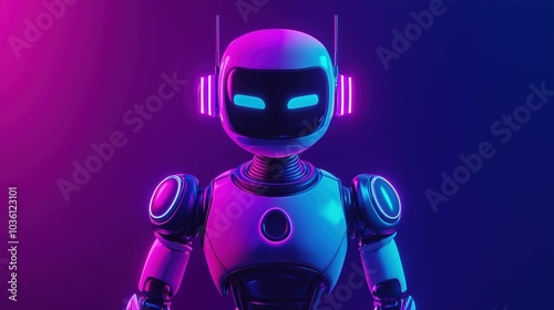 A futuristic robot featuring glowing lights, set against a vibrant, modern technology banner in purple with LED accent