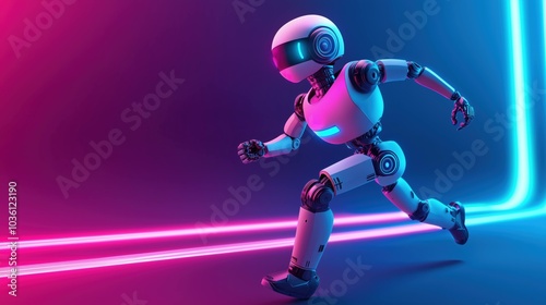 A futuristic robot featuring glowing lights, set against a vibrant, modern technology banner in dark navy with LED accent