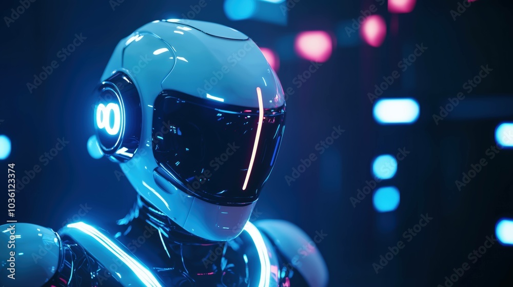 A futuristic robot featuring glowing lights, set against a sleek, modern technology banner in dark navy with LED accents