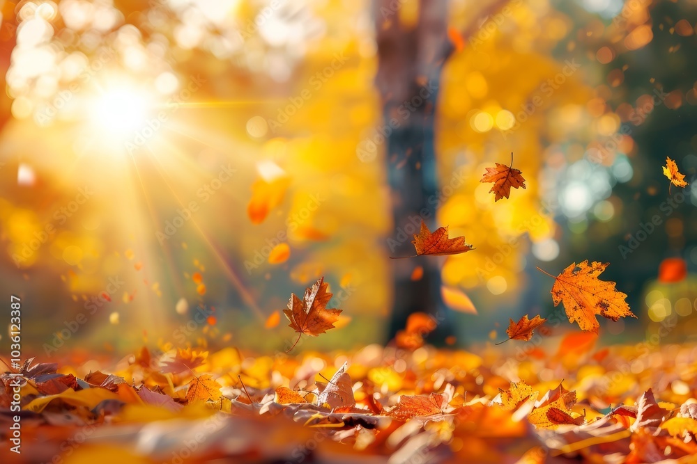 vibrant autumn scene with yellow trees and sun, colorful foliage and falling leaves vibrant autumn scene with yellow trees and sun, colorful foliage and falling leaves