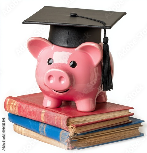 A cheerful piggy bank wearing a graduation cap rests atop a stack of colorful...