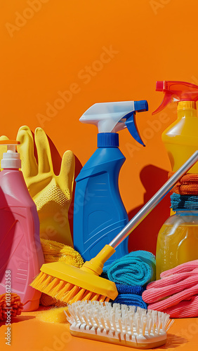 Colorful Cleaning Supplies on Orange Background