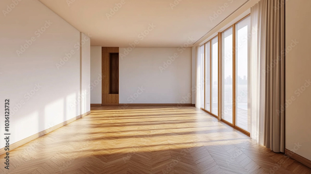 Empty living room with wooden table and bright windows Empty living room with wooden table and bright windows