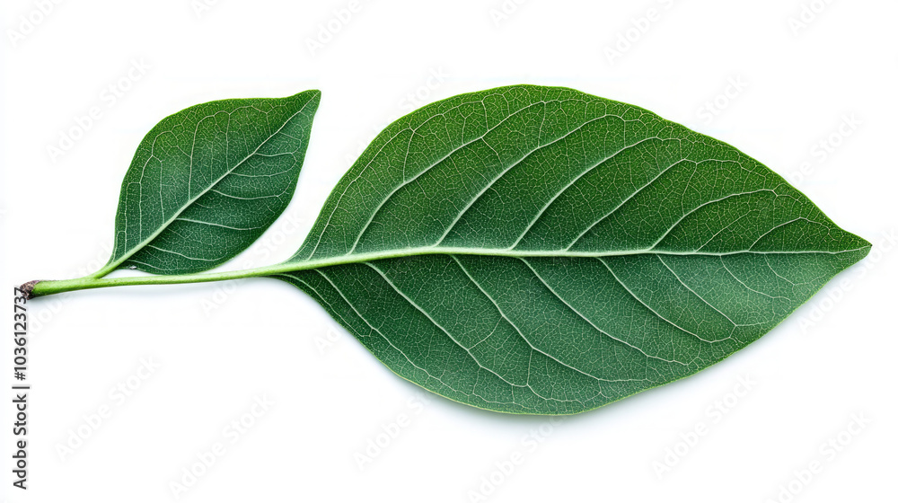 Close-up of a single green leaf isolated on a white background. Close-up of a single green leaf isolated on a white background.