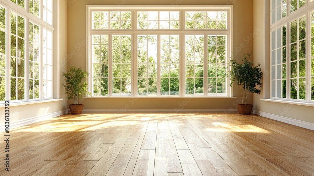 Fototapeta premium Empty living room with wooden table and bright window