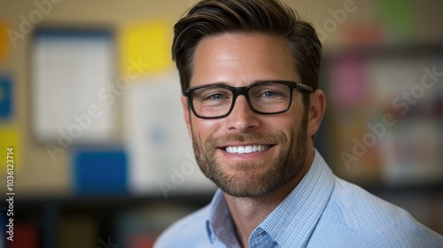 Einladender Schulberater in einer warmen, einladenden Büroumgebung zur pädagogischen Unterstützung photo