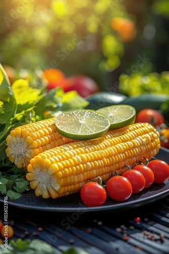 Fresh corn on the cob and cherry tomatoes served with lime slices in a garden...
