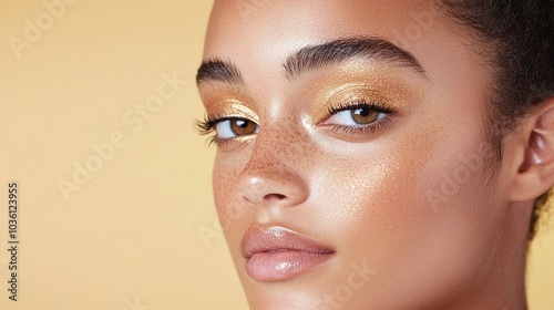 Close-up portrait of woman with gold makeup, shimmery skin, yellow background, natural beauty, minimalistic style, radiant glow, fashionable, makeup and skincare focus

