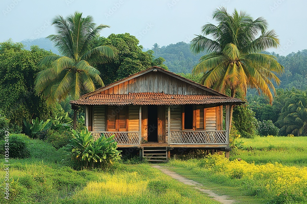 A rustic wooden house with a palm tree in the background A rustic wooden house with a palm tree in the background