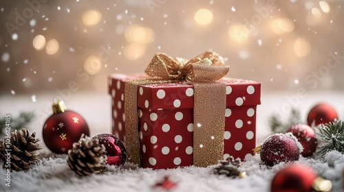 Festive Christmas gift box surrounded by ornaments and pinecones in soft snow...