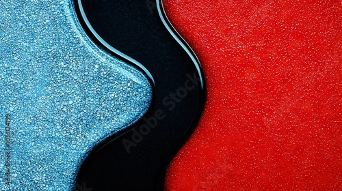  A close-up shot of a black-and-blue guitar case against a red-and-blue background with a black-and-white stripe