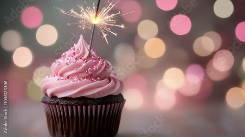 A festive cupcake with pink frosting and a sparkler against a bokeh background