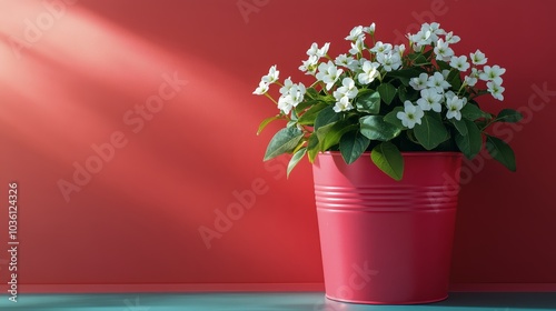 Bright white flowers in a pink pot against a vibrant red wall with natural light