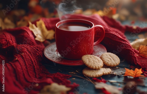 Warm autumn vibes with a steaming cup of tea and cookies surrounded by colorf...