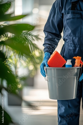 Person carrying a blue cleaning bucket with sponges in a bright and tidy faci...
