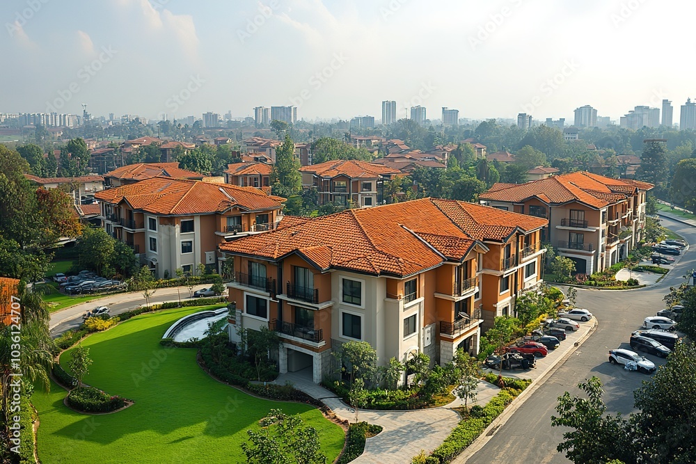 Obraz premium Luxury apartment complex with red tile roofs.