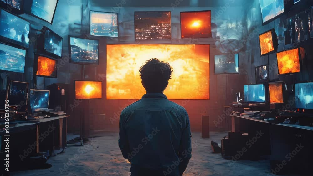 Businessman in a room with multiple screens displaying cityscapes, representing technology, surveillance, or data-driven industries. Ideal for tech, cybersecurity, or digital concepts Businessman in a room with multiple screens displaying cityscapes, representing technology, surveillance, or data-driven industries. Ideal for tech, cybersecurity, or digital concepts